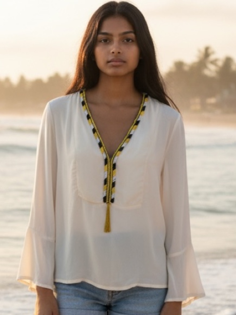 BOGO! Antik Batik Silk Chiffon Beaded Popover Blouse Cream Medium